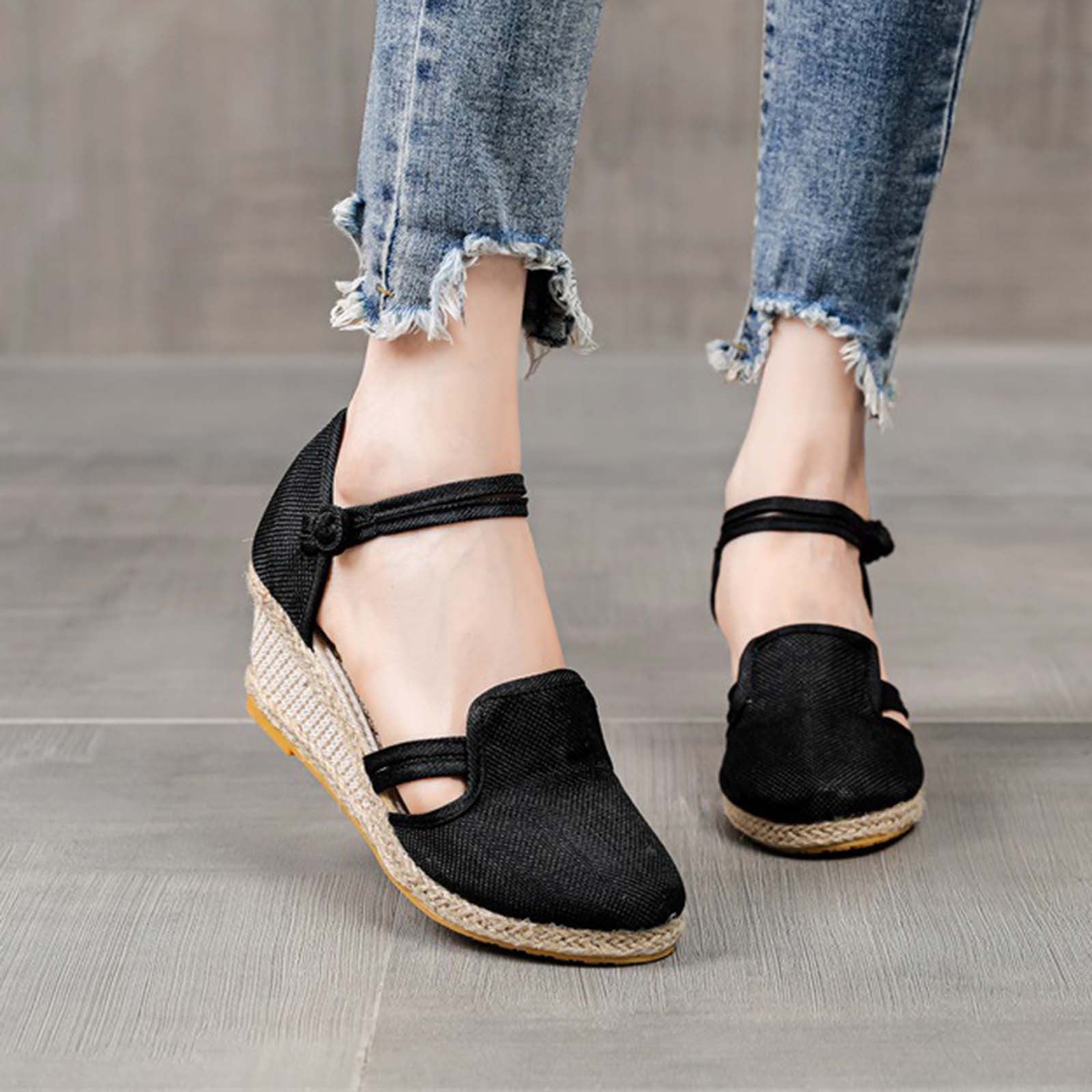 Dpityserensio Women's Closed Toe Wedges Shoes Platform Slingback Mid Low  Heel Canvas Dress Sandals Black 7(39) - Walmart.com