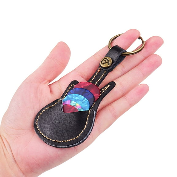 ammoon Leather Guitar Picks Holder Case Bag Guitar Shape with Key Ring 5pcs Celluloid Guitar Picks String Instrument Accessories
