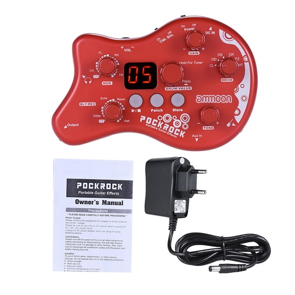 ammoon PockRock Portable Guitar Multi-Effects Processor Pedal, 15 Effect Types, 40 Drum Rhythms, Tuning Function, Red (EU Plug), 5.1 inches / 13 cm