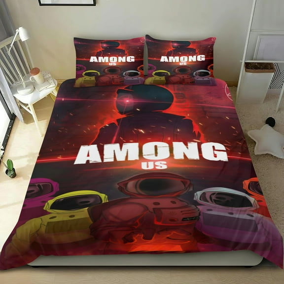 among us Themed Bed Sheet Set Three Piece Set 53x79 In ches Comfortable And Skin Friendly Unique Design Creating A Star Studded Night Home Decor Gifts For Family Friends fans
