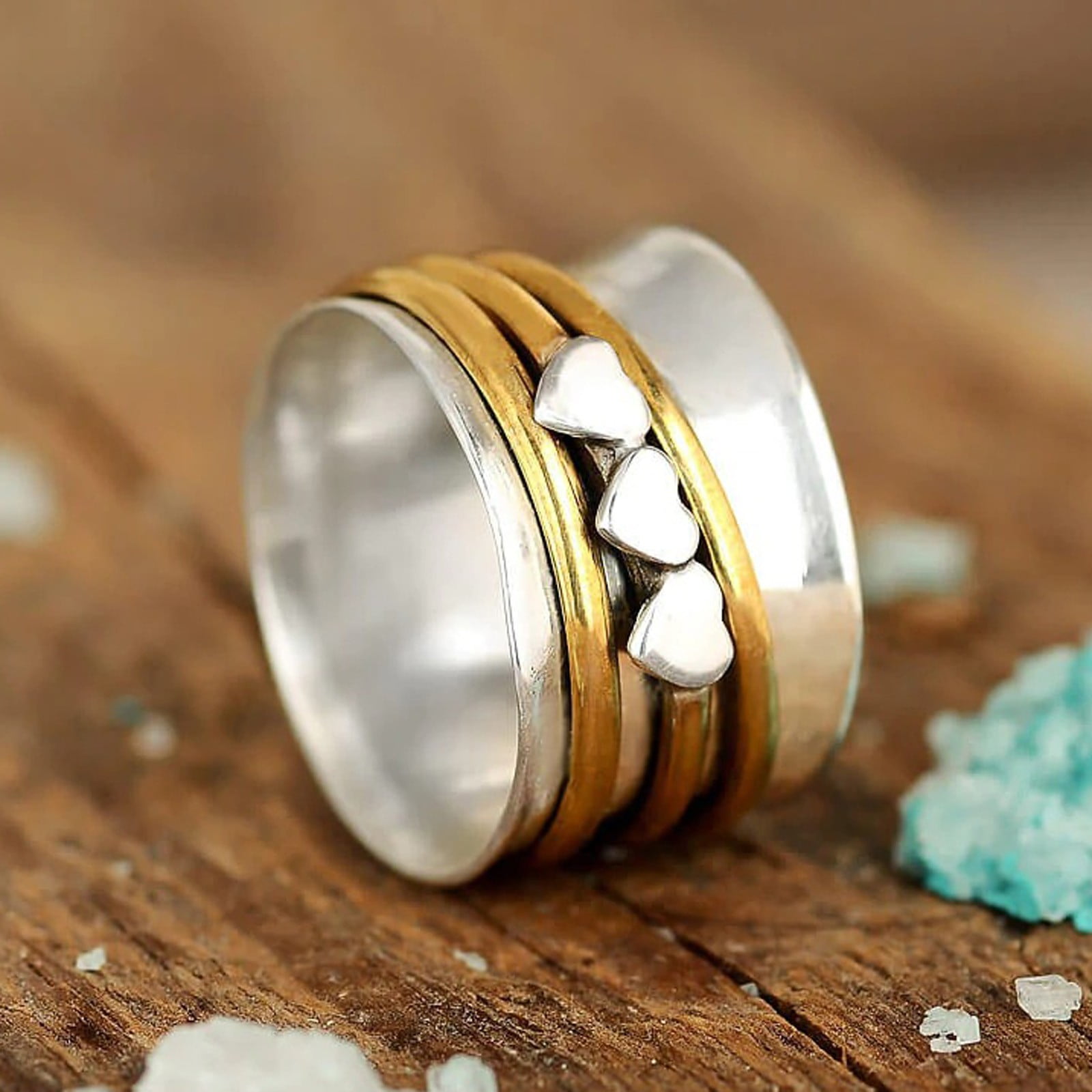 amousa Vintage Creative Engraving Rotating Garland Ring Heart Rings Men