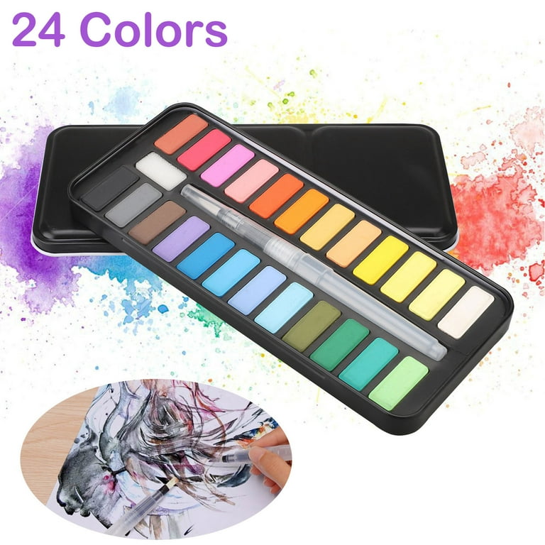Amousa Watercolor Paint Set, 24 Bright Colors in Metal Box, with Watercolor Paintbrush, Travel Watercolor Set Is Very Suitable for Students, Children