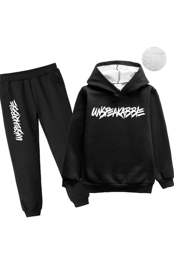 Boy's Tracksuit Fur Lined Pullover Hoodie Jogging Pants Set 2 Pieces Sweatsuit (Black,11-12Years)