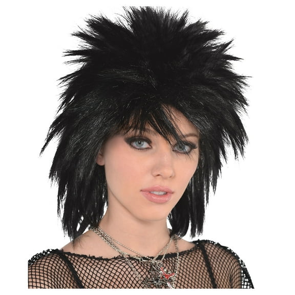 amscan 1980's Spike Punk Rocker Mullet Adult Costume Halloween Wig, Black, One-Size