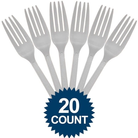 Party Perfect Reusable Premium Plastic Forks Tableware, Silver, Full Size, Pack of 20