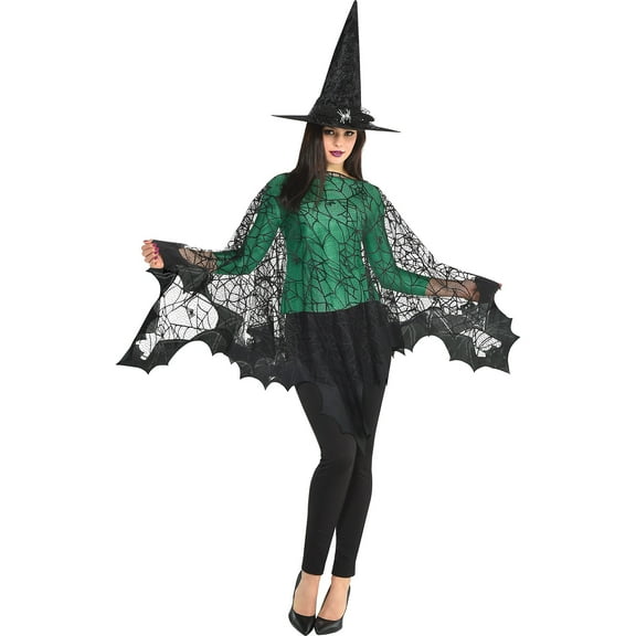 amscan Spider Web Wings Halloween Poncho for Women, One Size Black