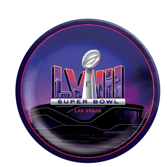 amscan Super Bowl LVIII 58 Football Party 6.75IN Round Paper Dessert Plates, 8 CT, Purple Multi