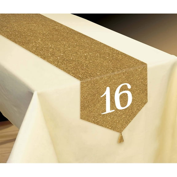 amscan"Sweet 16" Birthday Glitter Gold Party Table Runner, 13"H x 72"W (242751)