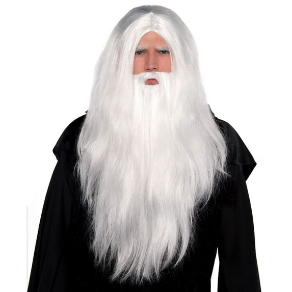 amscan Wise Old Wizard Warlock Costume Beard 3pc Wig & Beard Set, White, One-Size