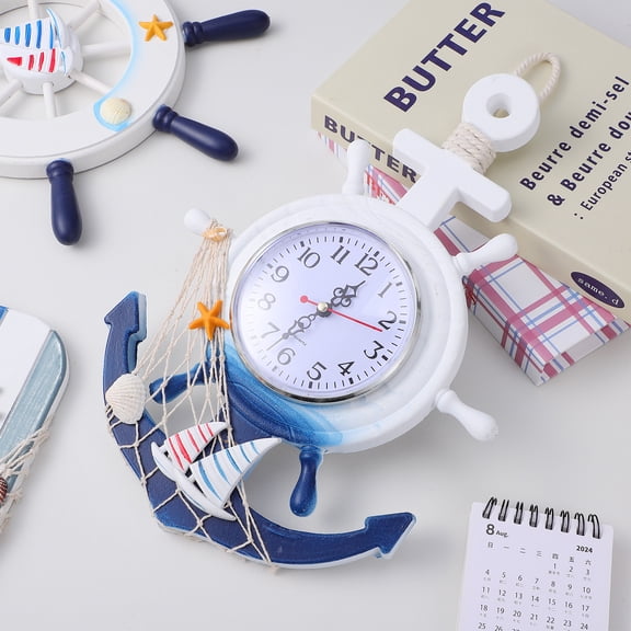 anchor non ticking wall clock wall clock nautical mediterranean style hanging clock steering wheel ship decor for home office decoration 10 inch wall clock sailboat decorative wall clock