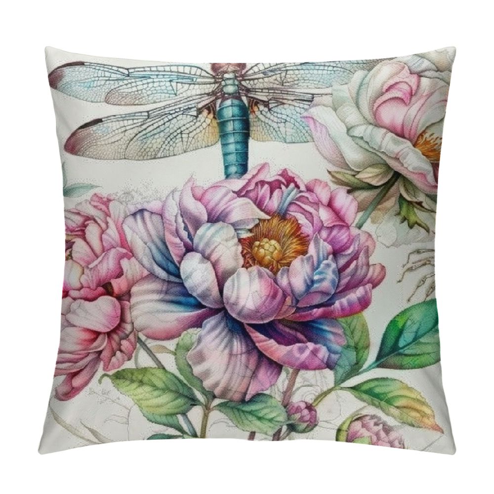 and Dragonfly，Square Printed Cushion Cover, Slipover Pillowslip for