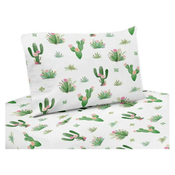 and Green Boho Watercolor Sheet Set for Cactus Floral Collection - 3 Piece Set
