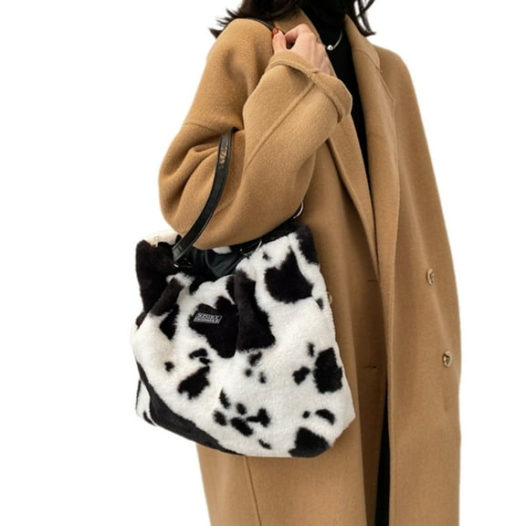 and Handbag Cow Pattern Casual Plush Shoulder Bag for Work and School