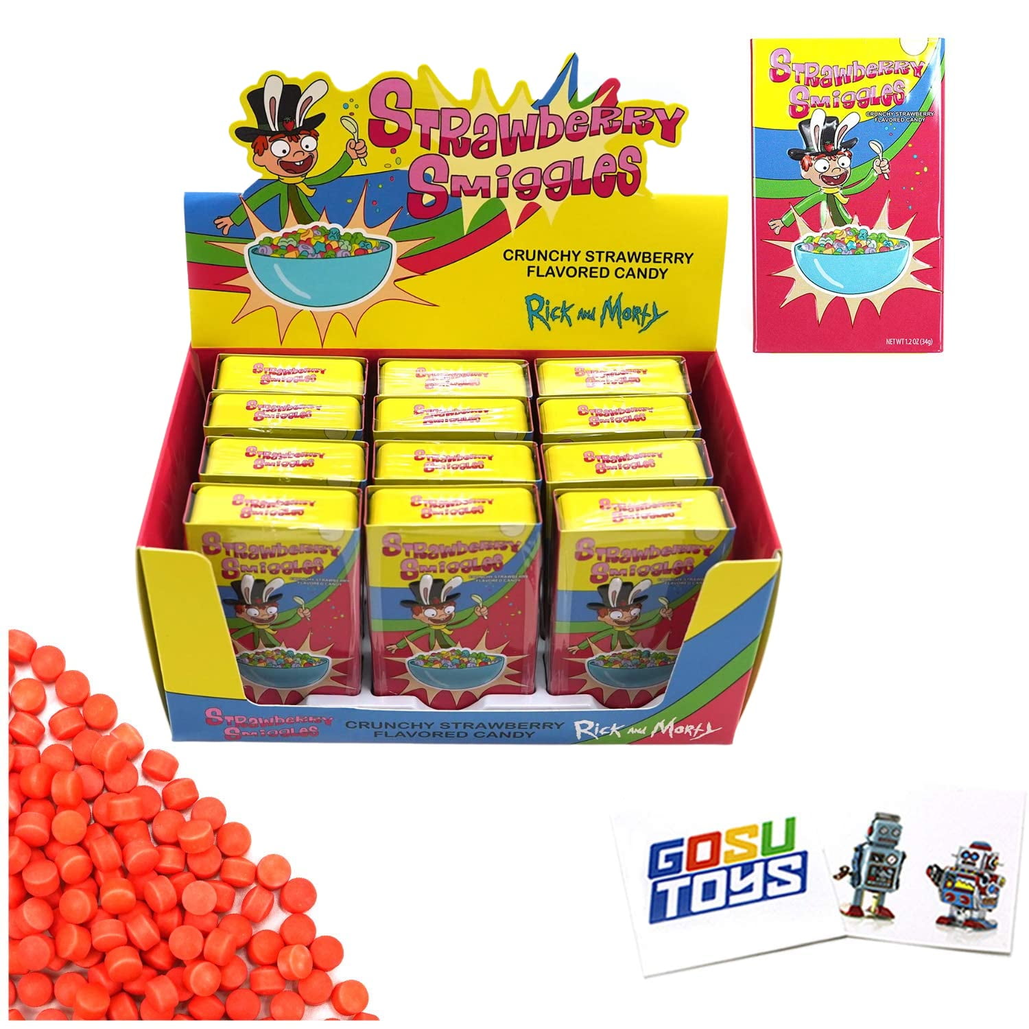 and Morty Strawberry Smiggles Crunchy Strawberry Flavored Candy (12 Pack) with 2 Stickers ...
