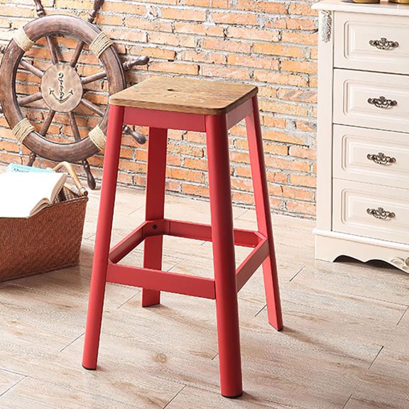 and Red Armless Stool with Crossbar Support - Wood+Metal Red - Farmhouse Stool Embodies Rustic Charm - Kitchen & Living Area Cozy Addition