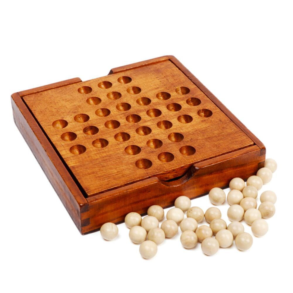 DYNWAVE Handmade Wooden Solitaire Board Game - 33 Chess Pieces, Brain Teaser For 1 Or 2 Players