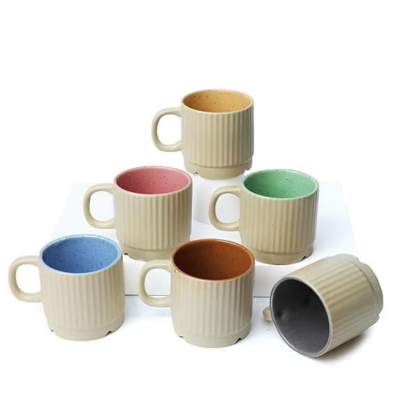 andcrafted Multi Color Pack Set of 6 Ceramic Peripheral Chai/Tea & Coffee Cups Ideal for Party with Family & Friends, Anniversary, Birthday- Microwave Safe (200 ML Each)