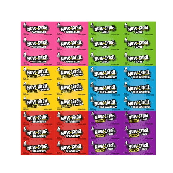 andy Assortment Now And Later, 6 Flavors, Watermelon, Apple, Banana, Blue Raspberry, Strawberry, Grape,Taffy Candy For Parties & Snacking 0.93 Oz, 6 Of Each Flavor, 36 Pack