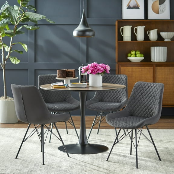 angelo:HOME Kavitt 5-Piece Indoor Dining Set, Includes Round Pedestal Table and Chairs, Walnut/Black/Gray Velvet