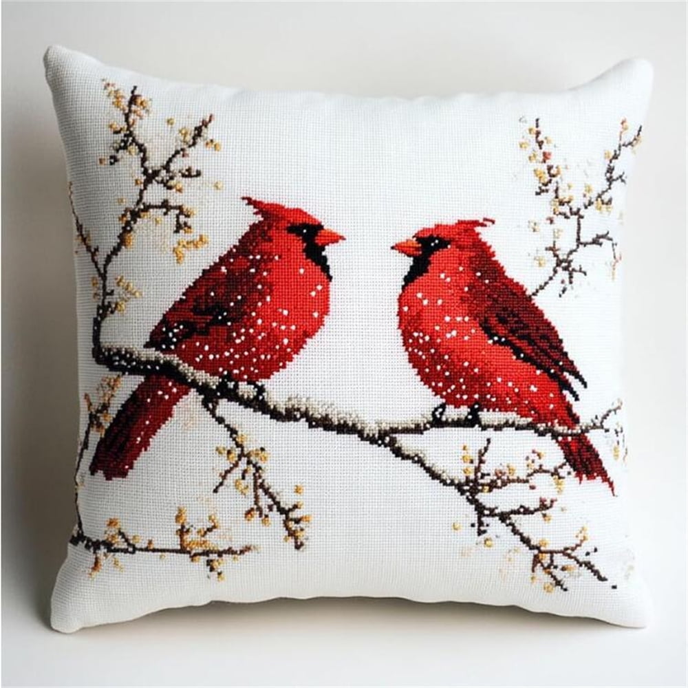 animal Stamped Cross-Stitch Kit Printed Canvas,Two cardinal birds on a branch,Cross Stitch Cushion Kits Needlework Kit for Adult Beginners 11ct Decoration Embroidery Pillow Case