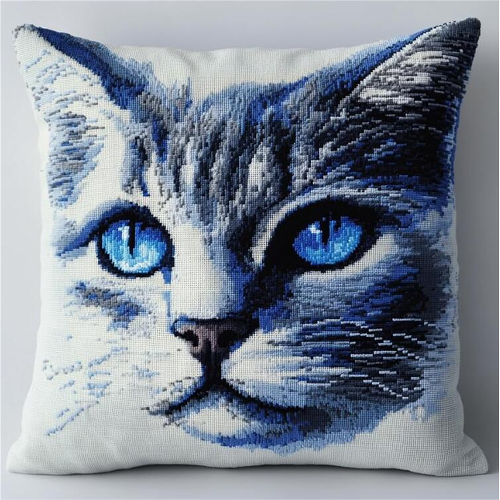 animal Tapestry Pillow Kit,Cute blue cat,Embroidery Pillow Tapestry Canvas Cushion Front Cross Stitch Pillowcase,Home Decor Gifts,17x17in