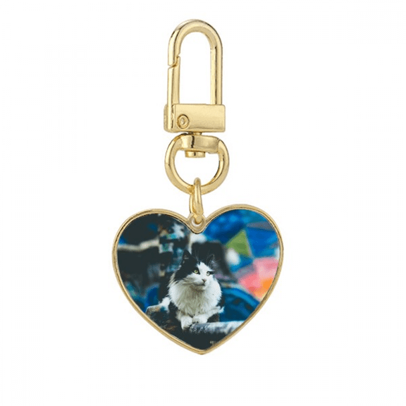 animal lazy cat photograph Gold Heart Keychain Metal Keyring Holder