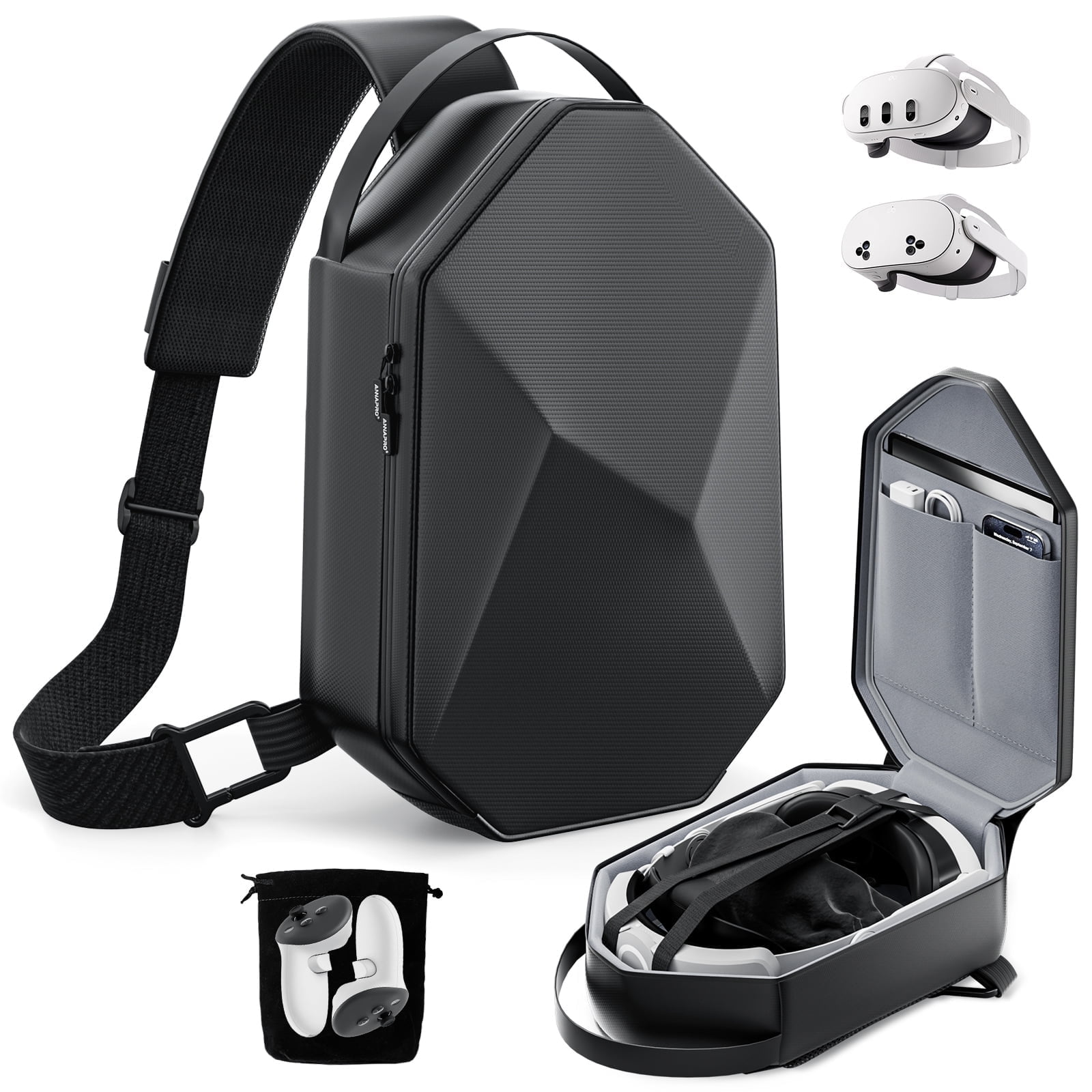 ANNAPRO Carrying Case for Meta Quest 3S/Quest 3/Quest 2/Vision Pro, Hard Travel Case Compatible with Kiwi Design/BOBOVR Elite Battery Strap and Controllers Accessories, Crossbody Shoulder Backpack