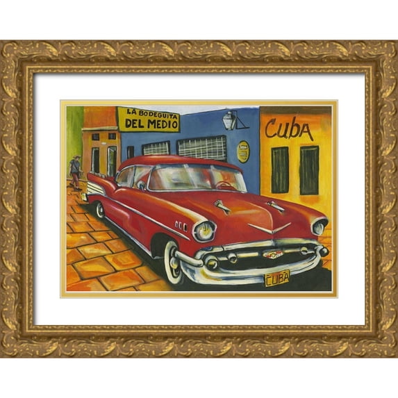 anonymous 14x11 Gold Ornate Wood Framed with Double Matting Museum Art Print Titled - Red car in Cuba