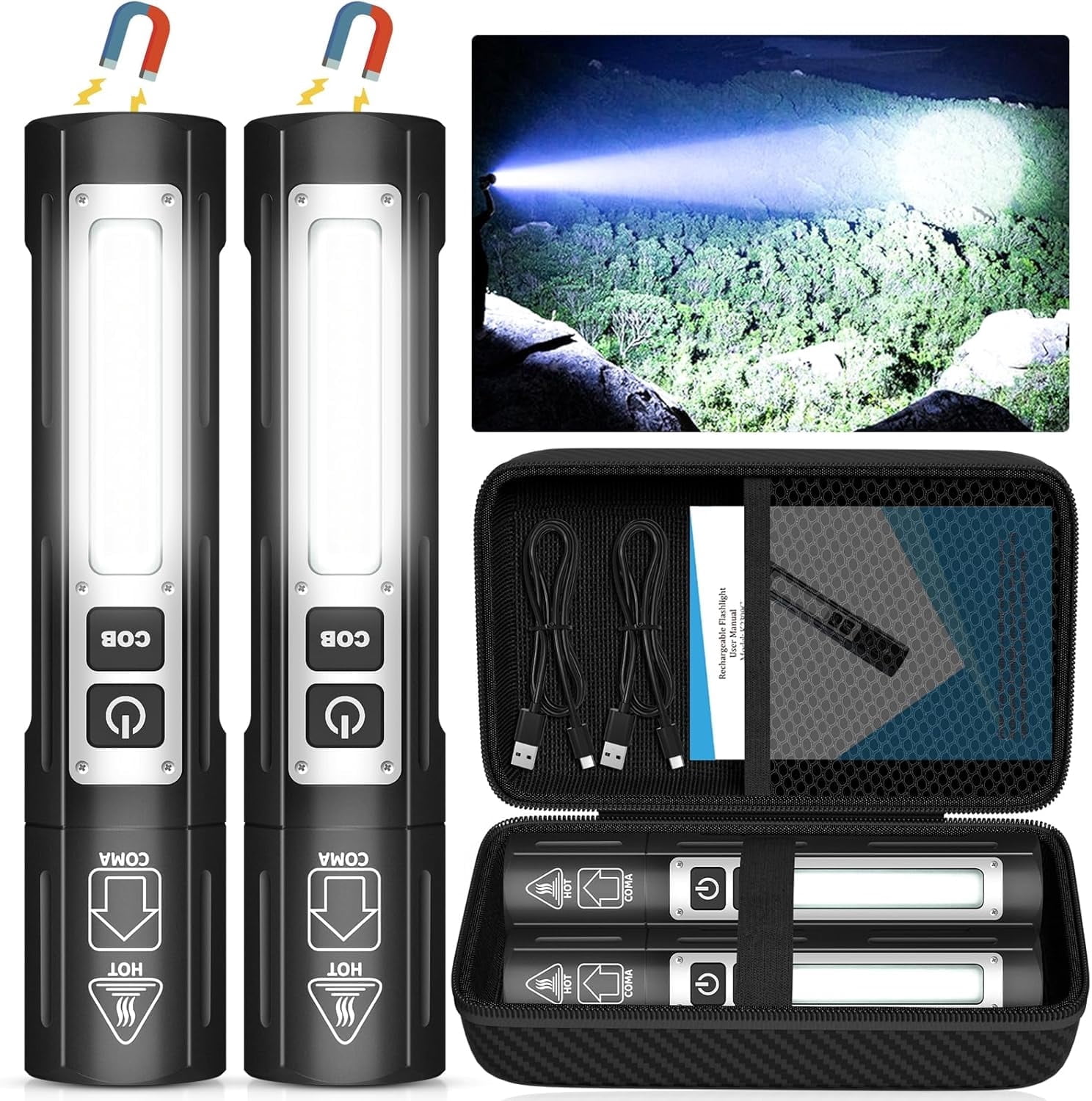 Banral 2-Pack Rechargeable Super Bright Magnetic Flashlight - 1000 Lumens, 8 Modes, Magnetic, Pocket-Sized for Camping & Emergencies