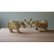 antique finish brass set of 2 fully carved trunk up elephant statue for home d cor/ gift item