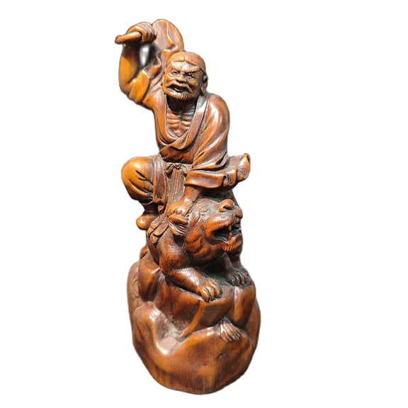 antique india wood carving Arhat carved wood buddha boxwood tiger statue wooden