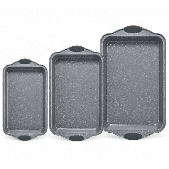 anveena 3-Piece Nonstick Baking Pan Set, Premium Steel Oven Bakeware with Red Silicone Handles, Commercial-Grade Restaurant Quality, Easy to Clean,Gray