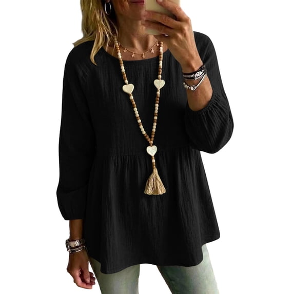 aohooy 3/4 Length Sleeve Womens Tops 2026 Flowy Blouses Summer Linen Shirts Casual Round Neck Babydoll Tops Vacation Tshirts Black,S