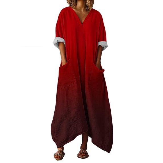 aohooy 3/4 Sleeve Loose Fitting Dress for Women Gradient Color Flowy Maxi Dress V Neck Dressy Casual Summer Sundress with Pockets Red,L