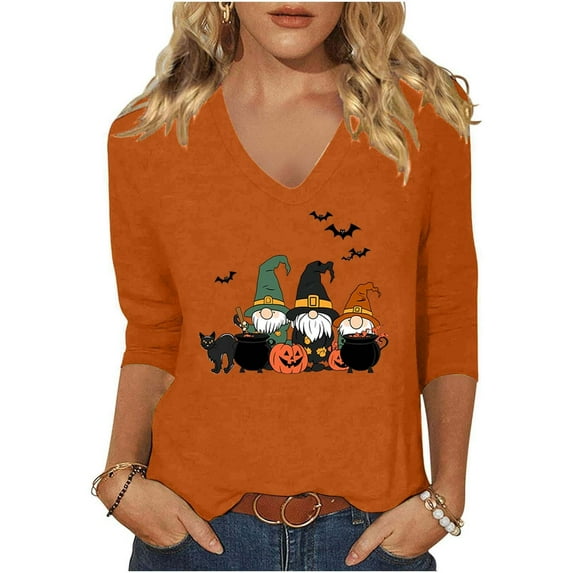 aohooy 3/4 Sleeve V Neck Halloween Shirt Womens Fall Shirts Halloween Pumpkin Gnomes T-Shirts Thanksgiving Graphic Tee Tops Orange,XXXL