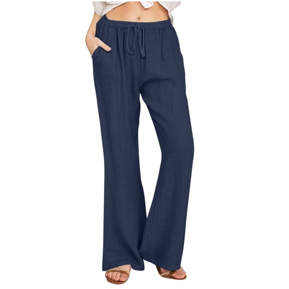 aohooy Ankle Linen Pants for Women Casual Drawstring Flowy Palazzo Pant Wide Leg Elastic Waist Summer Beach Trousers with Pockets Navy,XXL