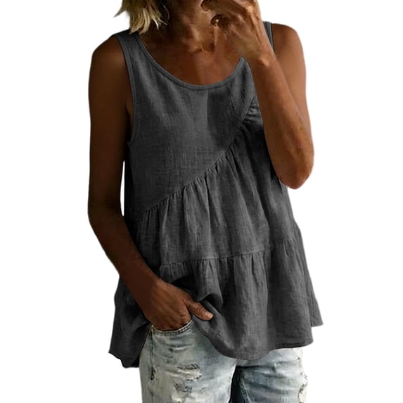 aohooy Babydoll Tops for Women Sleeveless Flowy Shirt Csaual Summer Tank Top Boho Cute Loose Pleated Peplum Ruffle Tunic Blouse Gray,L