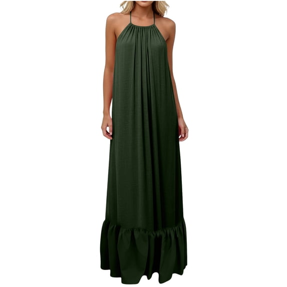 aohooy Backless Cami Dresses for Women Spaghetti Strap Flowy Ruffle Hem Maxi Summer Beach Vacation Sun Dresses Army Green,L