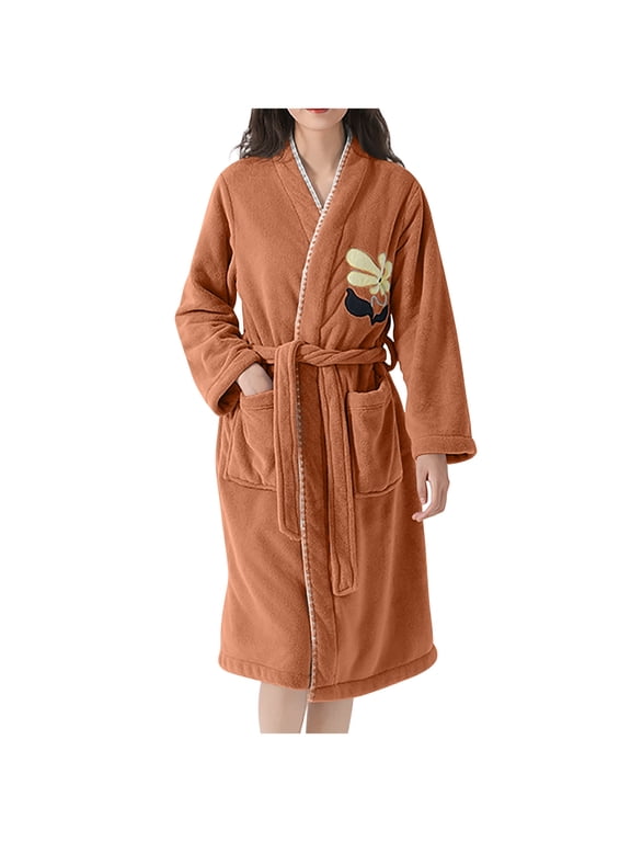 Bath Robe Women's Fleece Fall Winter Funny Graphic Soft Spa Hotel Long Robe Warm Long Sleeve Absorbent Quick-Dry Home Robes with Pockets Brown,Free Size