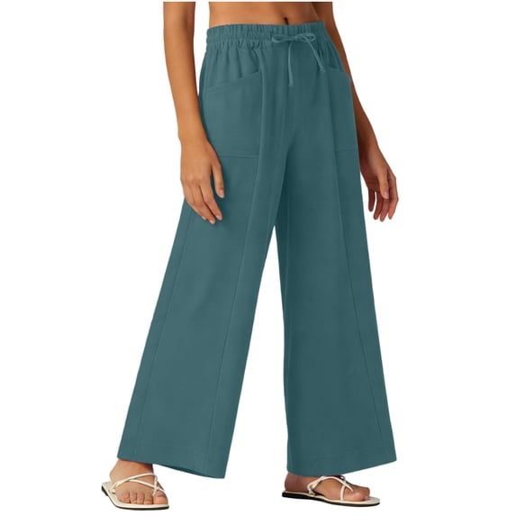 aohooy Beach Linen Pants Women Wide Leg Long Flowy Wide Leg Palazzo Pants with Pockets Casual Drawstring Elastic Waist Trousers Mint Green,XL