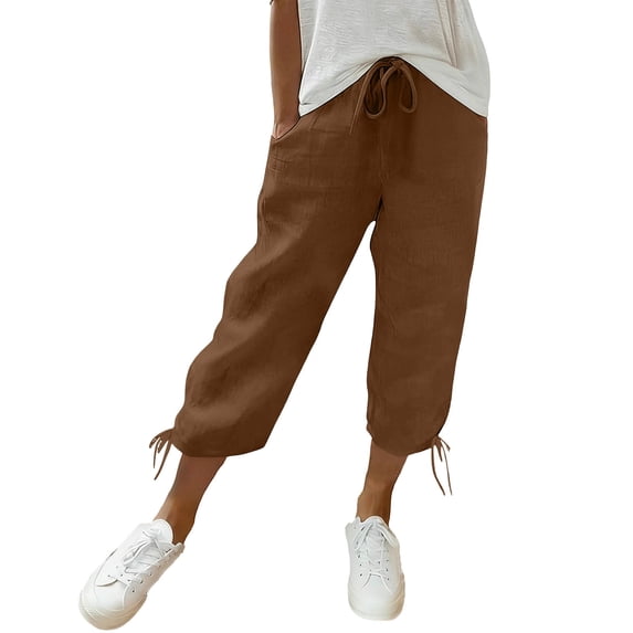 aohooy Bermuda Capri Shorts for Women Knee Length Cotton Drawstring Elastic Waist Crop Casual Summer Jogger Capris with Pockets Coffee,M