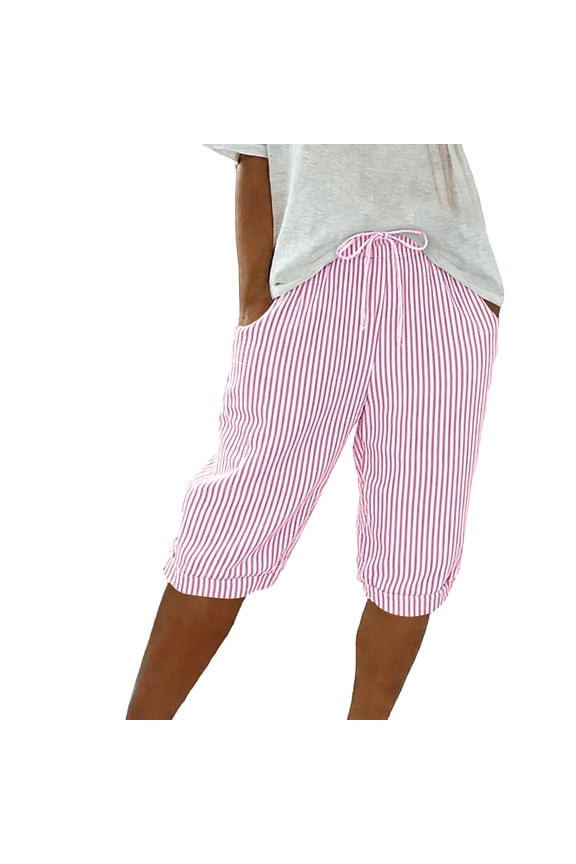 Bermuda Shorts for Women Drawstring Elastic High Waisted Stripe and Gingham Wide Leg Summer Beach Shorts with Pockets Pink,XL