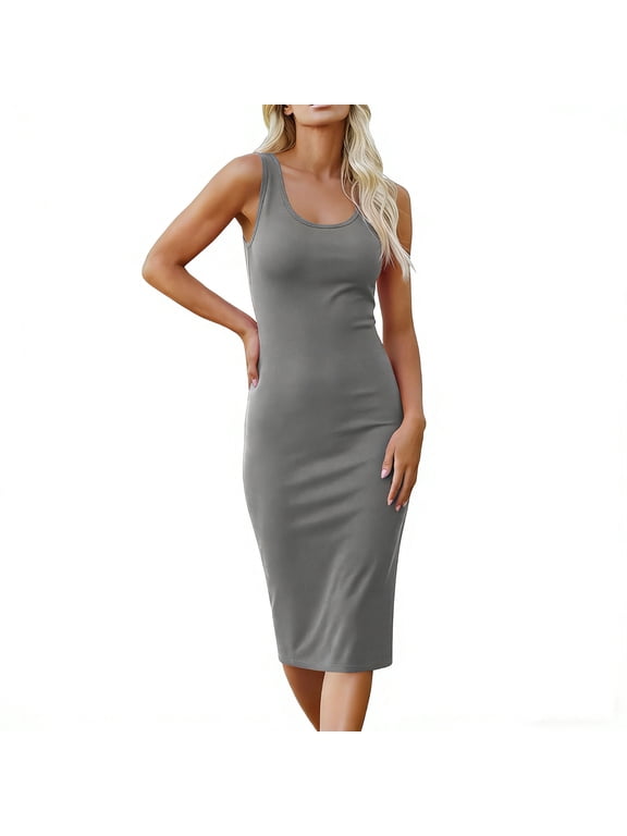 Bodycon Maxi Dress for Women 2026 Summer Casual Comfy U Neck Long Sundress Basic Fitted Tank Dresses Beach Club Party Gray,XXL