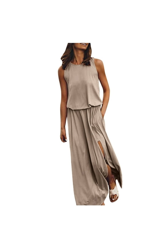 Boho Chic Summer Dresses Women Sleeveless Ruffled Hem Maxi Dress Casual Pocketed Sundress Khaki,S