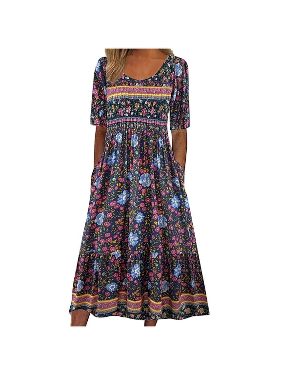 Boho Floral Dresses for Women 2026 Casual Crew Neck Short Sleeve Midi Dress Summer Loose Flowy Dress with Pockets Navy,L