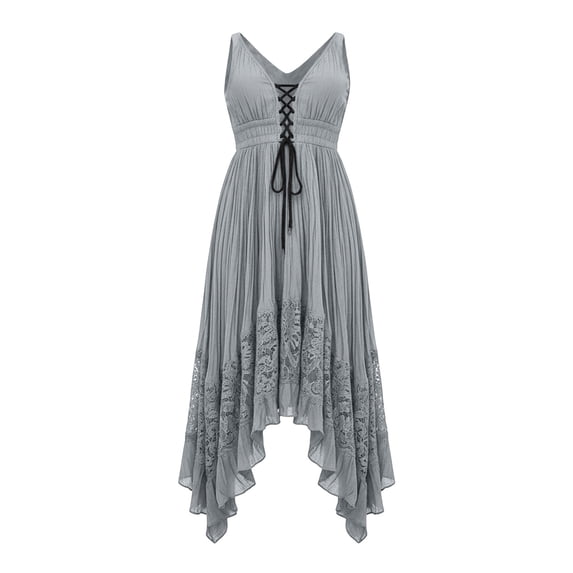 aohooy Boho Ruffle Dresses for Women Wedding Dresses for Bride Spaghetti Strap Lace Up Maxi Dress Lace Trim Asymmetric Hem 2026 Gray,M