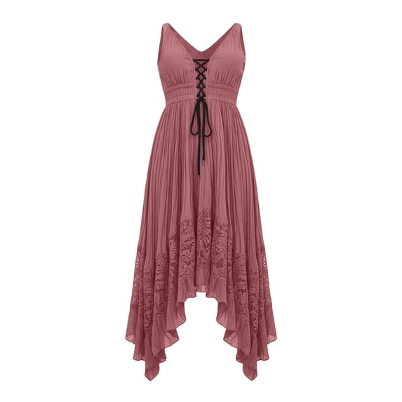aohooy Boho Western Dresses for Women Wedding Dress for Bride Spaghetti Strap Lace Up Maxi Dress Lace Trim Asymmetric Ruffle Hem Pink,XL