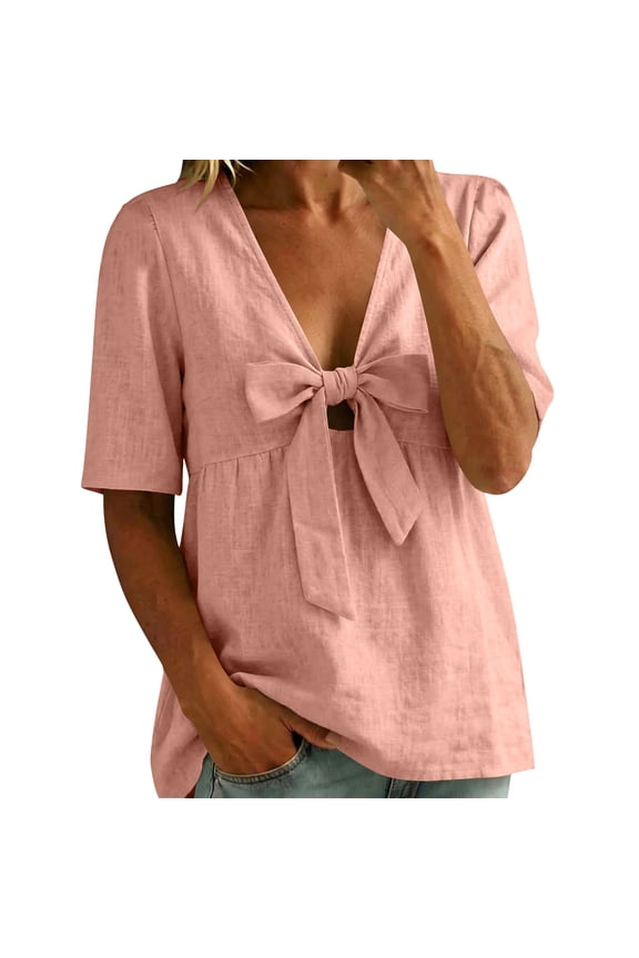Bow Tie Front Tops for Women Babydoll Empire Waist Summer Tunic Top Short Sleeve V Neck Dressy Casual Loose Gauze Shirts Pink,XXXL
