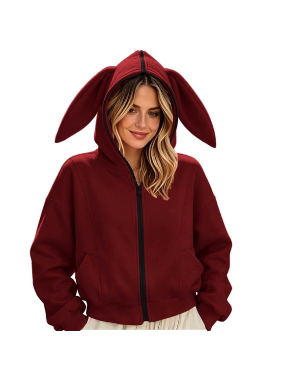 Bunny Ear Hoodie for Women Zip Up Fleece Sweatshirts Jacket Fall Winter Cute Cropped Hooded Outerwear Jackets with Pockets Red,M