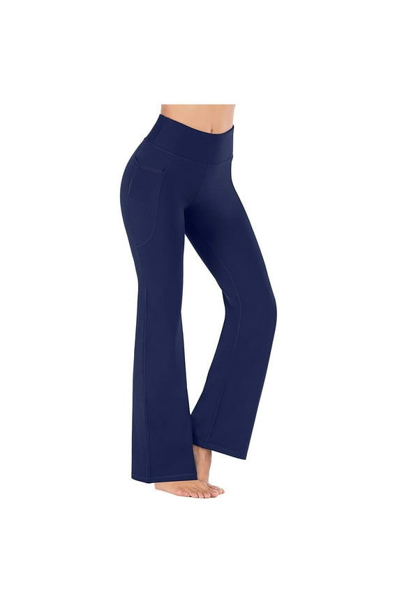 Business Casual Women Pants High Waisted Stretchy Wide Leg Leggings Workout Athletic Tummy Control Solid Bootcut Yoga Pant with Pocket Navy,XXL